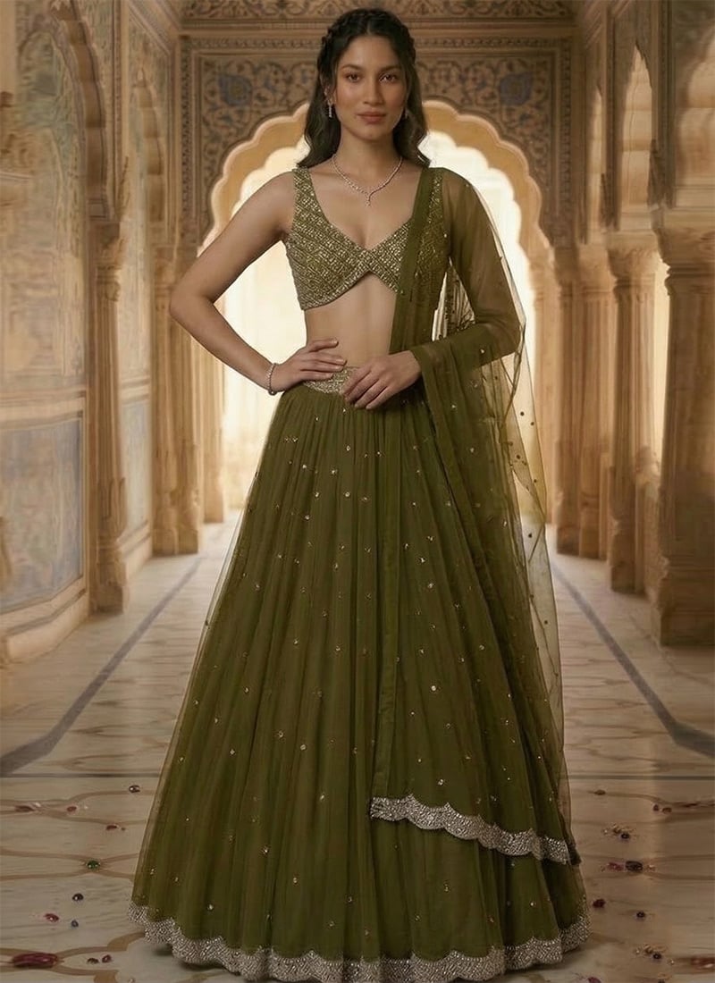 Mehendi Green Sequins And Stone Work Net Lehenga Wedding Wear