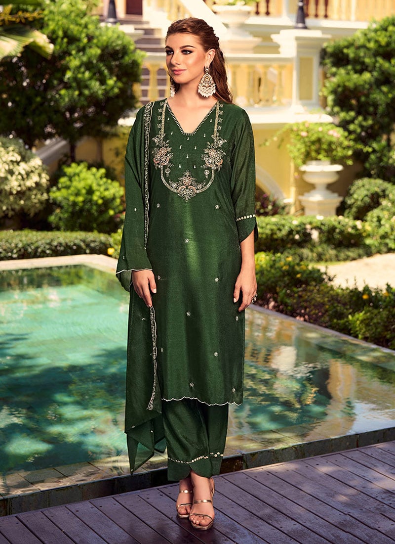 Mehendi Green Shimmer Silk Embroidered Sequins Beads Straight Pant Suit