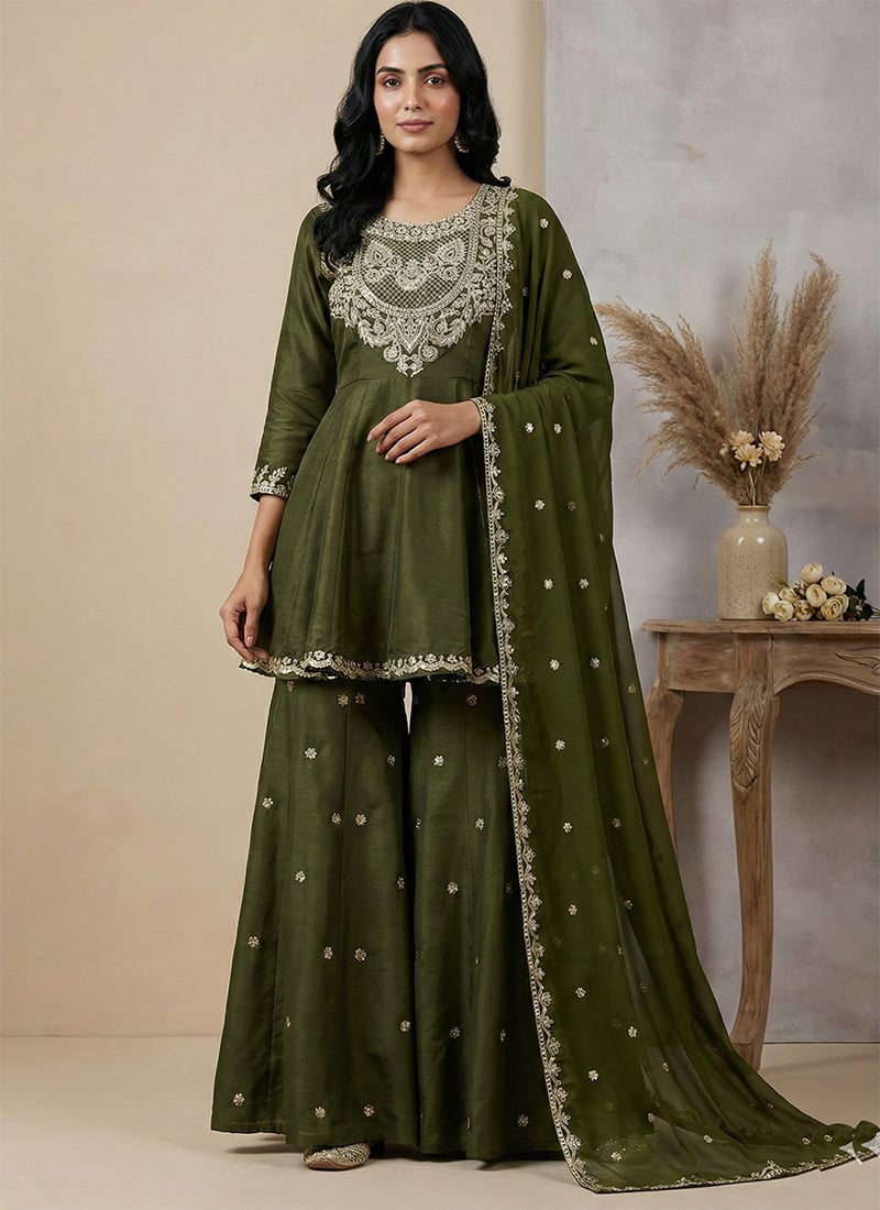 Mehendi Green Shimmer Silk Embroidered Sequins Sharara Suit Festive Wear