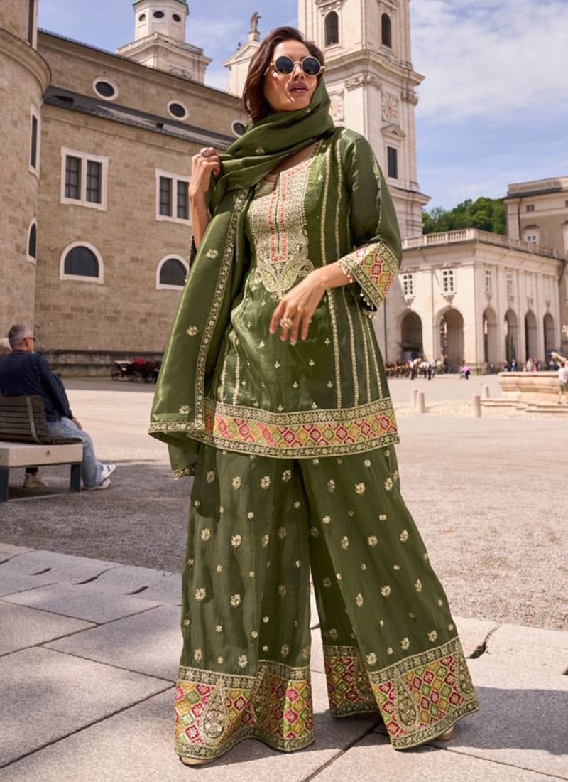 Mehendi Green Shimmer Silk Sequin Palazzo Suit Festive Wear