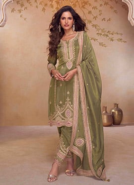 Mehendi Green Shimmer Silk Zari Embroidered Sequins Straight Pant Suit Festive Wear
