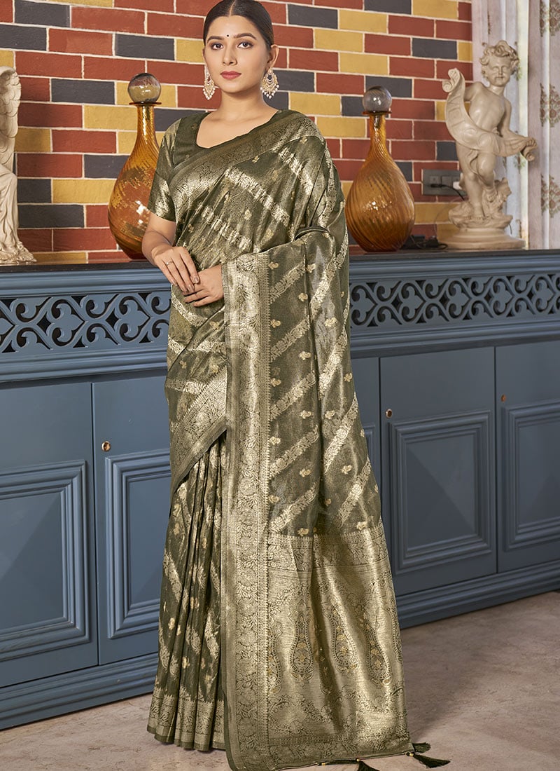 Mehendi Green Shimmer Silk Zari Woven Saree Festive Wear