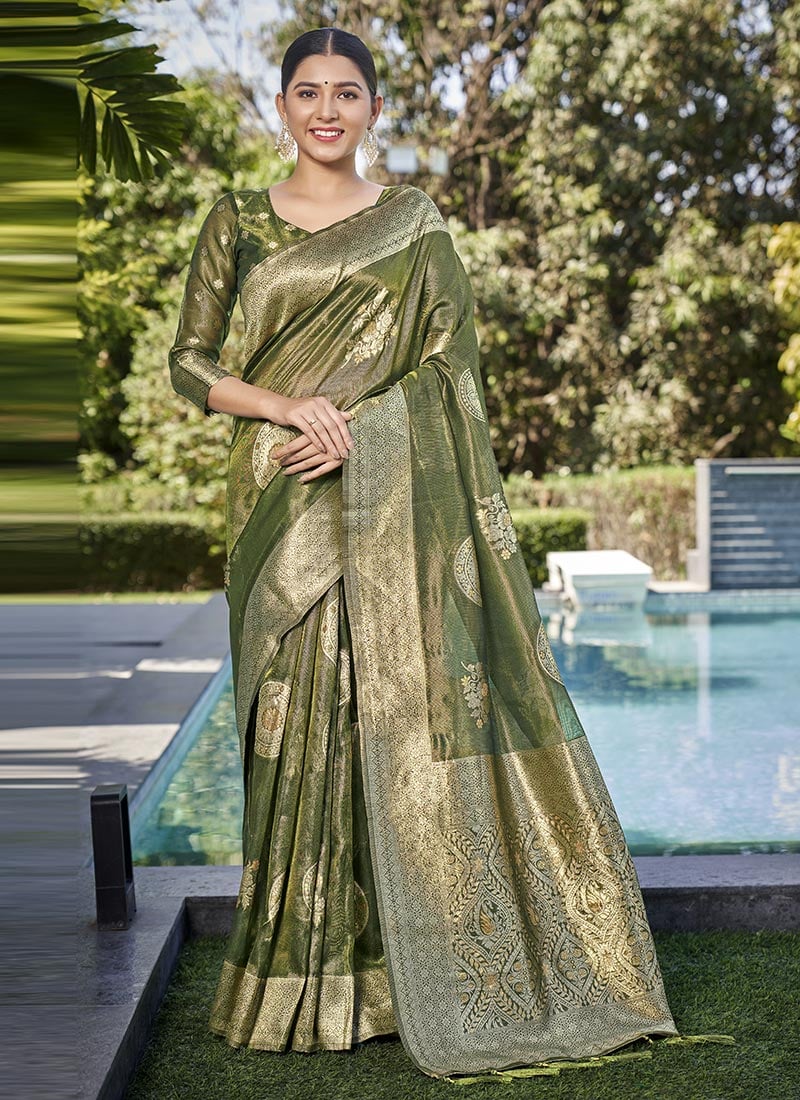 Mehendi Green Shimmer Silk Zari Woven Saree Festive Wear