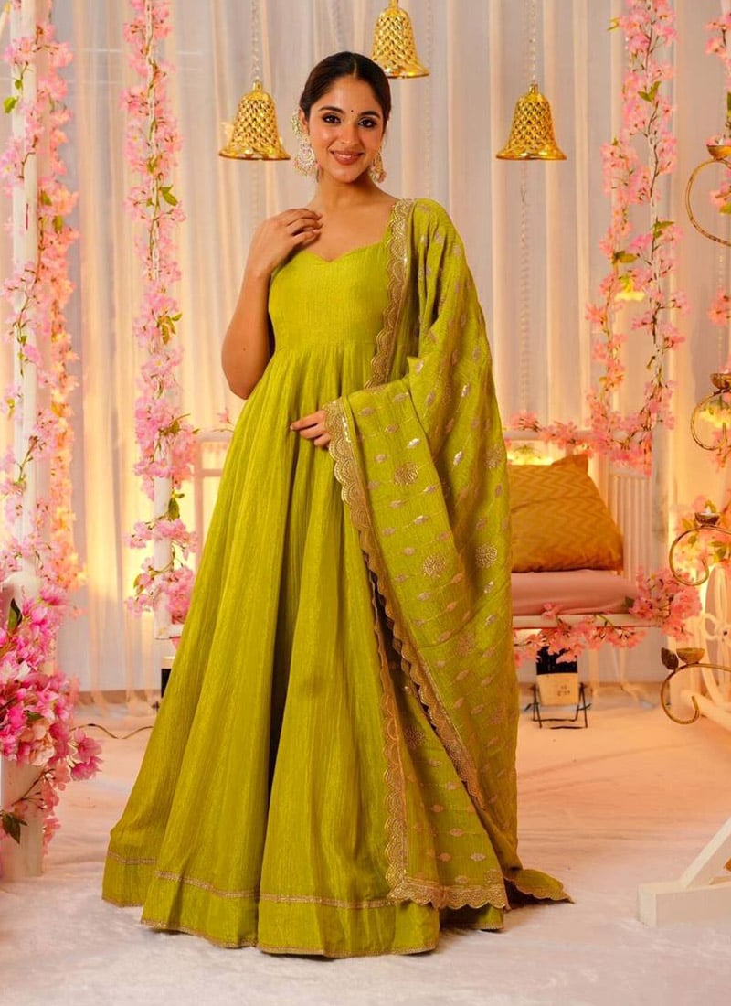 Mehendi Green Silk Anarkali Suit With Sequins Dupatta Festive Wear