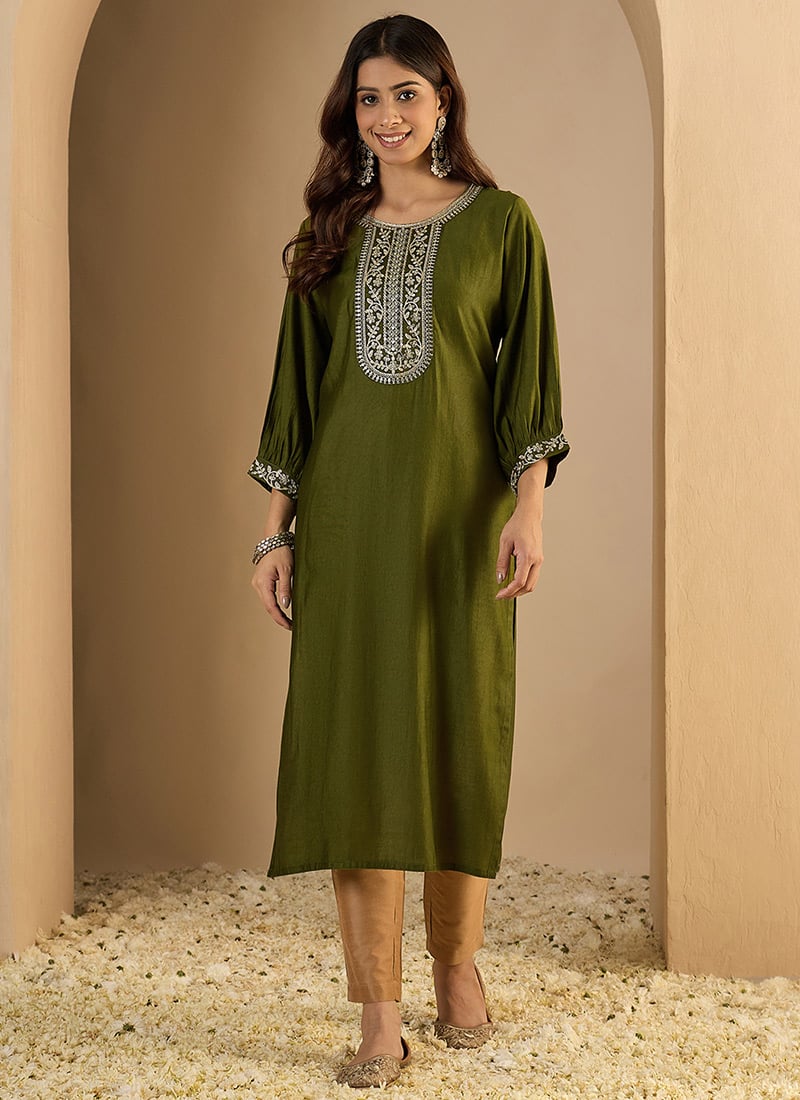 Mehendi Green Silk Blend Embroidered Long Kurti After Six Wear
