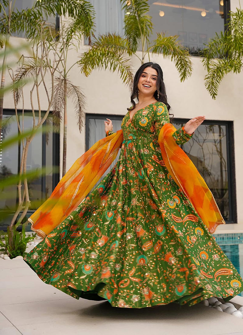 Mehendi Green Silk Digital Print Anarkali Suit