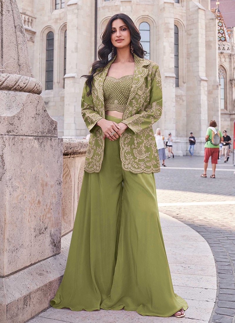 Mehendi Green Silk Embroidered Beads Sequins Indowestern Jacket Palazzo Set  Wedding Wear