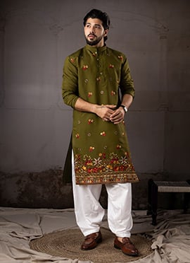 Mehendi Green Silk Embroidered Kurta Pyjama For Men