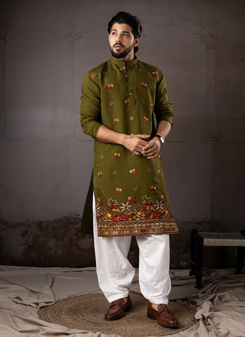 Mehendi Green Silk Embroidered Kurta Pyjama For Men Festive Wear