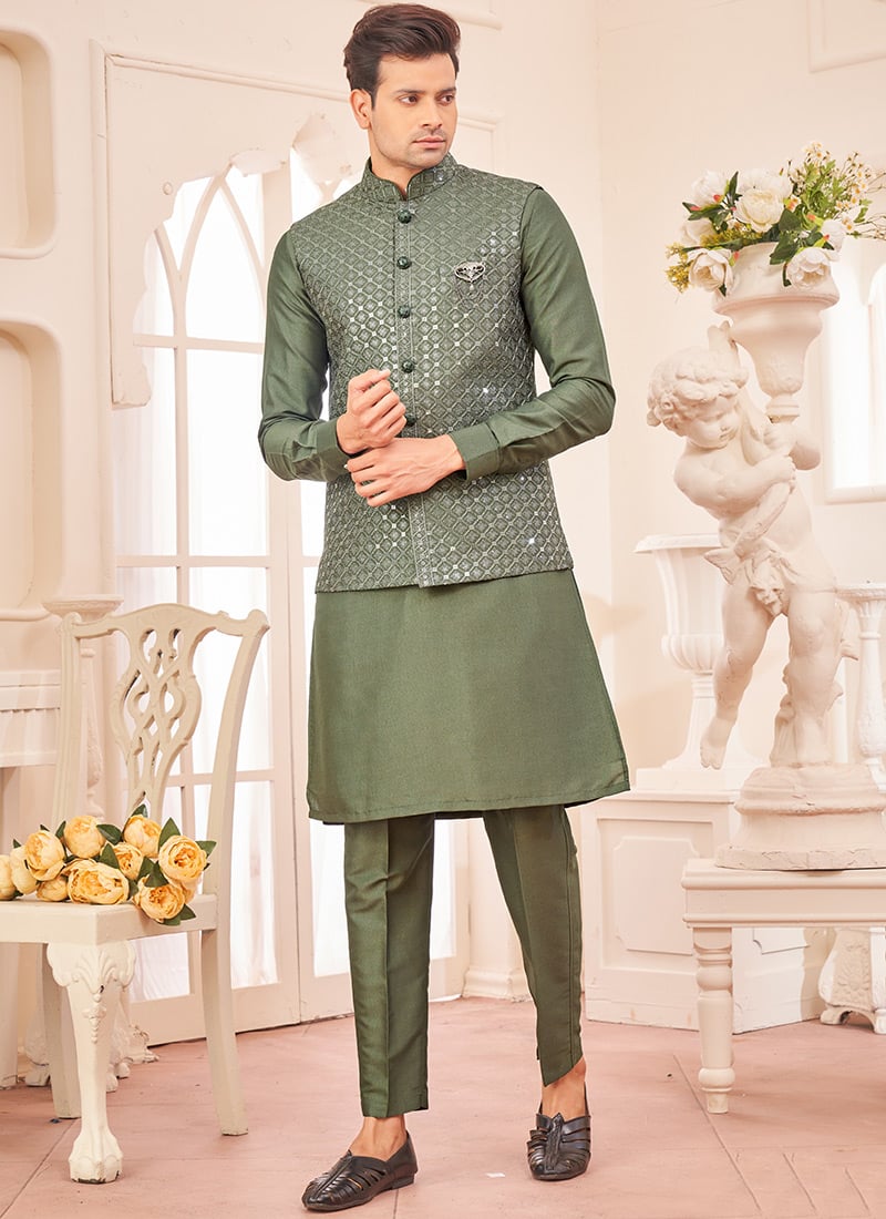Mehendi Green Silk Embroidered Sequins Bandi Set Festive Wear