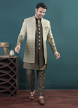 Mehendi Green Silk Embroidered Sequins Indowestern Sherwani