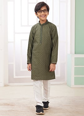 Mehendi Green Silk Embroidered Sequins Kids Boys Kurta Pyjama