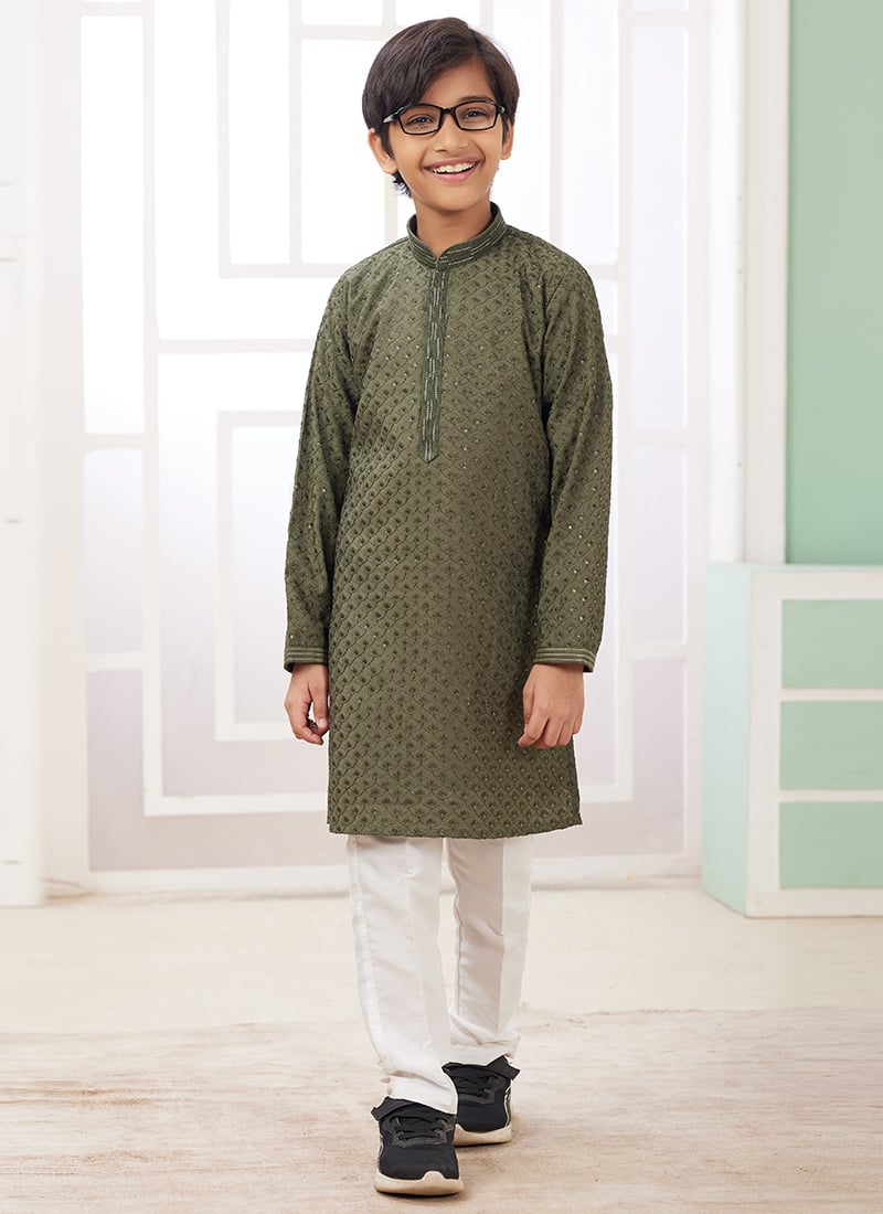Mehendi Green Silk Embroidered Sequins Kids Boys Kurta Pyjama Festive Wear