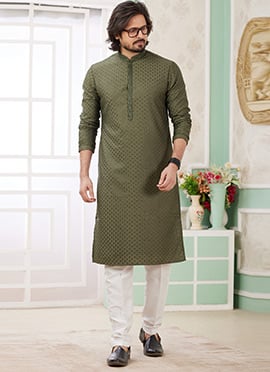 Mehendi Green Silk Embroidered Sequins Kurta Pyjama For Men