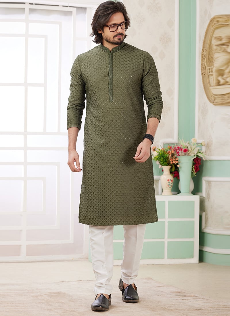 Mehendi Green Silk Embroidered Sequins Kurta Pyjama For Men Festive Wear