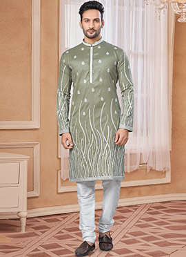 Mehendi Green Silk Embroidered Sequins Kurta Pyjama
