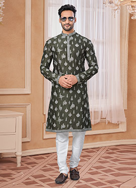 Mehendi Green Silk Embroidered Sequins Kurta Pyjama