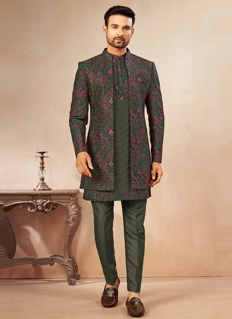 Mehendi Green Silk Embroidered Sequins Open Indowestern Sherwani Wedding Wear