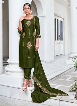 Mehendi Green Silk Embroidered Sequins Straight Pant Suit