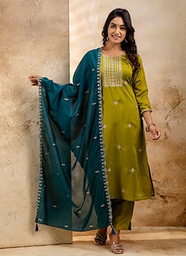 Mehendi Green Silk Embroidered Sequins Straight Pant Suit