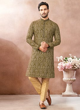 Mehendi Green Silk Embroidered Sequins Thread Kurta Pyjama