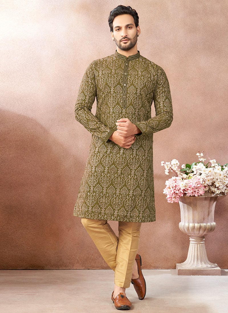 Mehendi Green Silk Embroidered Sequins Thread Kurta Pyjama Festive Wear