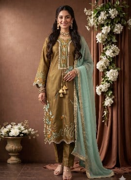 Mehendi Green Silk Embroidered Straight Pant Suit