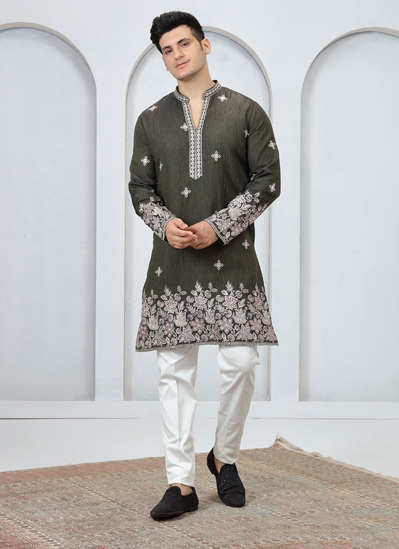 Mehendi Green Silk Embroidered Thread Work Kurta Pyjama Festive Wear