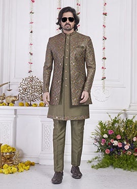 Mehendi Green Silk Hand Embroidered Sequins Indowestern Sherwani
