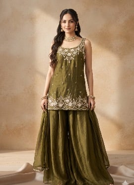 Mehendi Green Silk Sequins Beads Embroidered Palazzo Suit