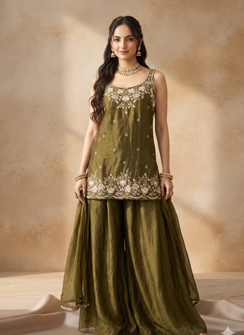 Mehendi Green Silk Sequins Beads Embroidered Palazzo Suit After Six Wear