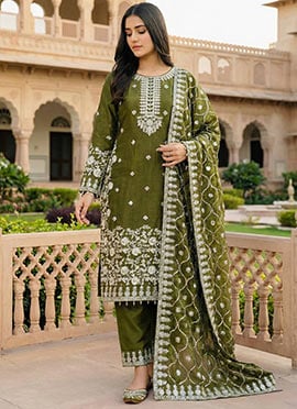 Mehendi Green Silk Sequins Embroidered Straight Pant Suit