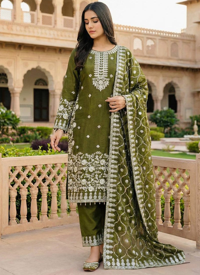 Mehendi Green Silk Sequins Embroidered Straight Pant Suit Festive Wear