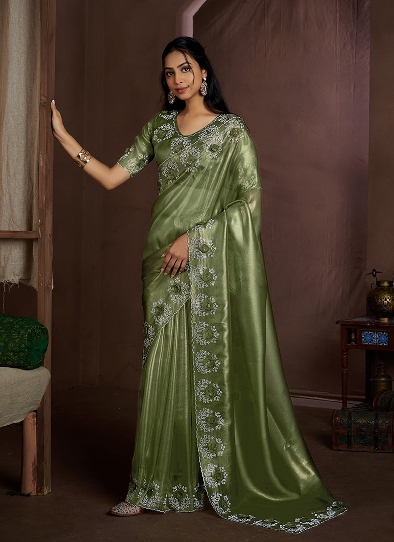 Mehendi Green Silk Sequins Stone And Applique Work Saree Festive Wear