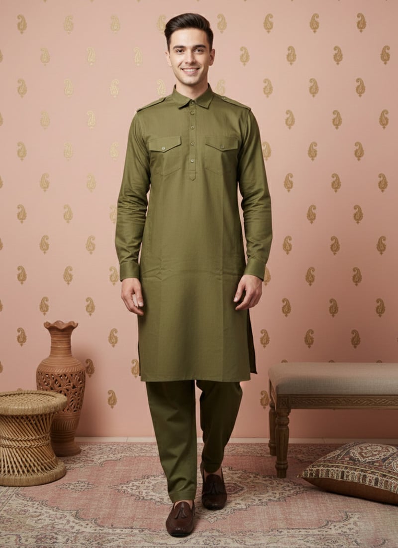 Mehendi Green Silk Textured Kurta Pyjama Festive Wear