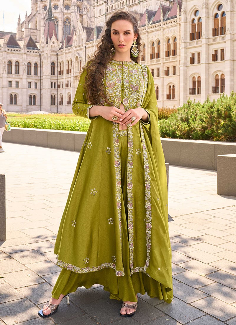 Mehendi Green Silk Zardosi And Embroidered Sequins High Slit Palazzo Suit Wedding Wear-SLSCC57825880