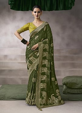 Mehendi Green Silk Zari Embroidered Sequins Jacquard Saree