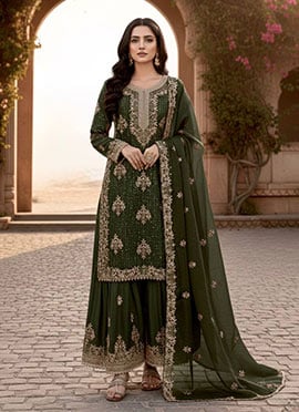 Mehendi Green Silk Zari Embroidered Sequins Palazzo Suit