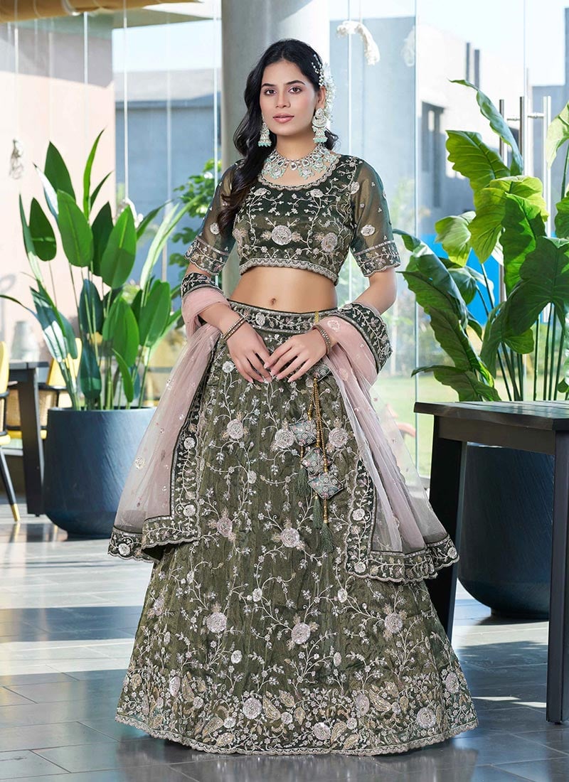 Mehendi Green Silk Zari Embroidered Sequins With Stone Work Lehenga Wedding Wear