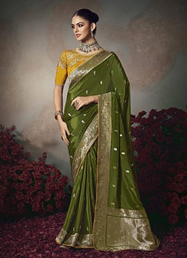 Mehendi Green Silk Zari Sequins Embroidered Jacquard Saree