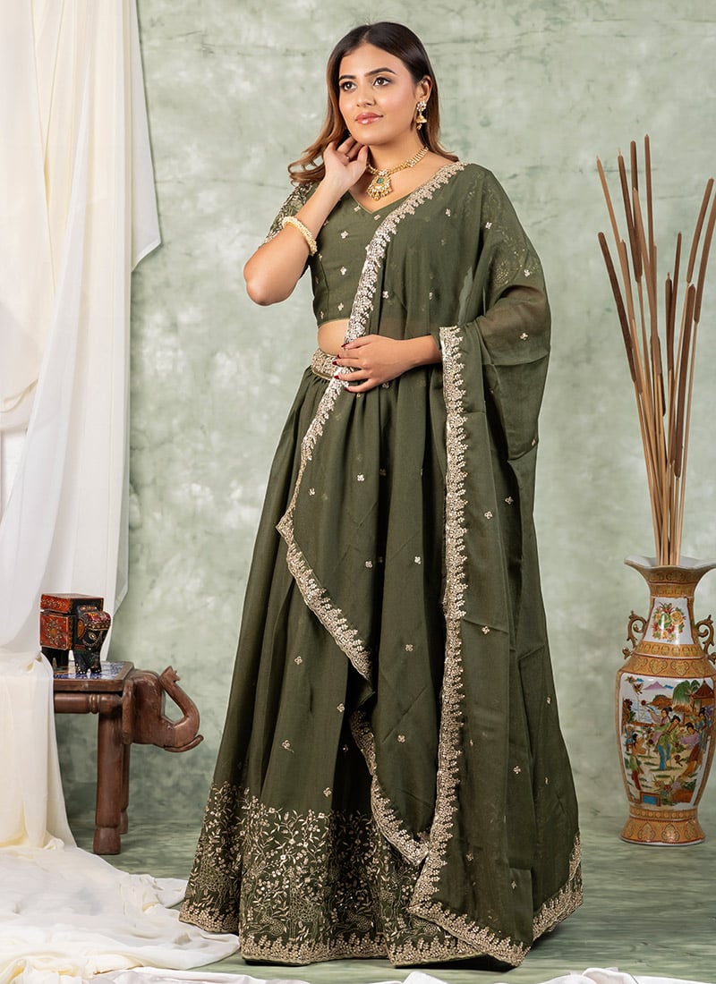 Mehendi Green Silk Zari Sequins Lehenga
