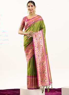 Mehendi Green Soft Banarasi Silk Zari Jacquard Saree