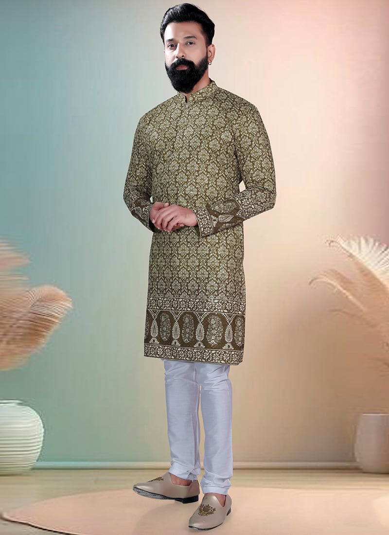 Mehendi Green Soft Cotton Thread Embroidered Sequins Printed Kurta Pyjama Festive Wear
