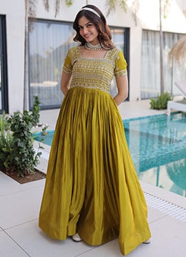 Mehendi Green Soft Organza Zari Sequins Gown