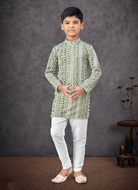 Mehendi Green Soft Rayon Printed And Embroidered Boys Kurta Pyjama