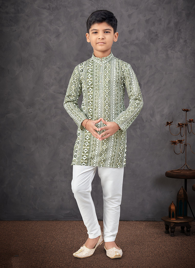 Mehendi Green Soft Rayon Printed And Embroidered Boys Kurta Pyjama Festive Wear