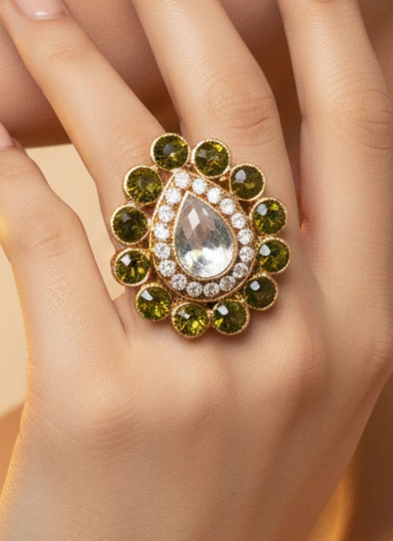 Mehendi Green Stones Kundan Ring Festive Wear