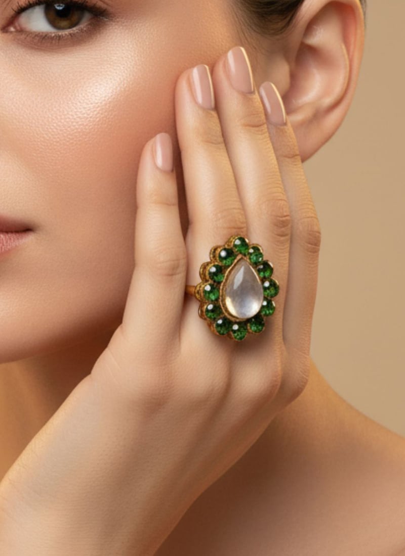 Mehendi Green Stones Kundan Ring Festive Wear