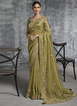 Mehendi Green Tissue Embroidered Sequins With Stone And Beads Work Saree