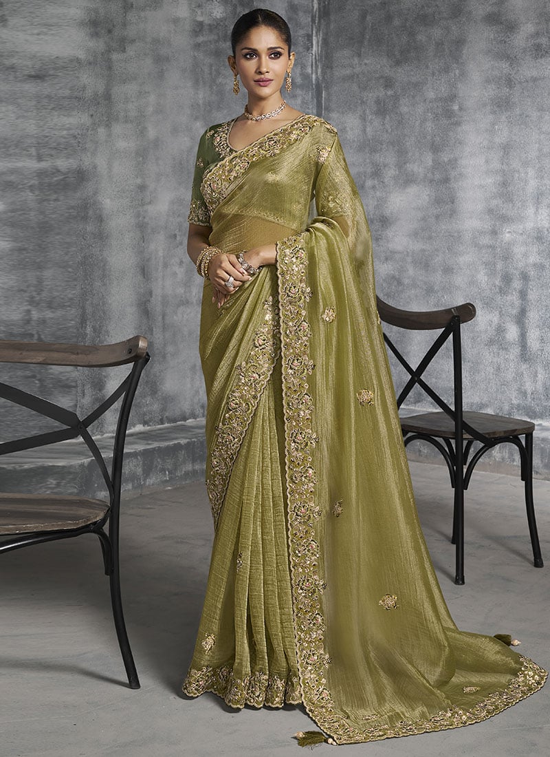 Mehendi Green Tissue Embroidered Sequins With Stone And Beads Work Saree  Wedding Wear